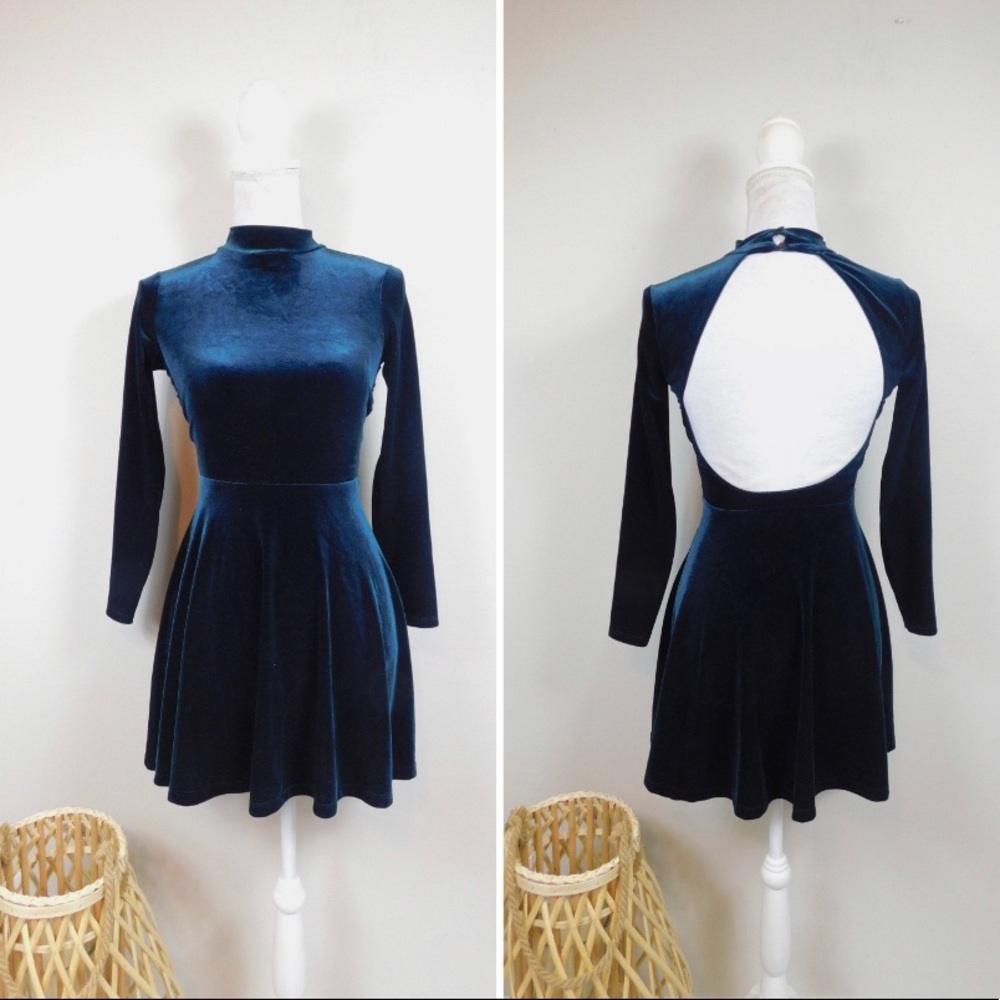 Dark Green Velvet Open Back Skater Long Sleeve Minimal Revival American Apparel